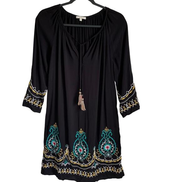 Kate & Sam Boho Dress Embroidered Tassels 3/4 Bell Sleeves Black Sz M Hippie - Picture 1 of 11